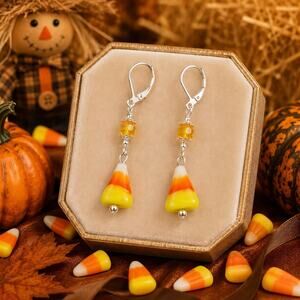 Pressed Glass Candy Corn Orange Round Silver Plated Leverback Earrings #H53